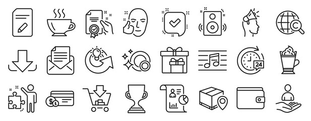 Set of line icons, such as International Ð¡opyright, Healthy face, Money wallet icons. Report, Payment method, Parcel tracking signs. Latte coffee, Coffee, Delivery boxes. 24h delivery. Vector
