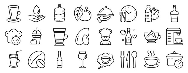 Set of Food and drink icons, such as Boiling pan, Bordeaux glass, Cooking timer icons. Double latte, Scotch bottle, Coffee cup signs. Apple, Cooking chef, Ice cream milkshake. Food time. Vector