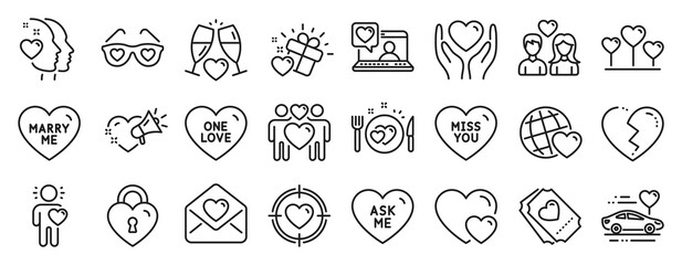 Set of Love icons, such as Friends chat, Wedding glasses, Heart icons. Honeymoon travel, Marry me, Friend signs. Friends world, Hold heart, Love letter. Couple love, Ask me, Miss you. Vector