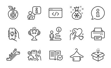 Business icons set. Included icon as Santa sack, Electric app, Escalator signs. Victory, Printer, House security symbols. Clean towel, Medical food, Seo script. Approved documentation. Vector