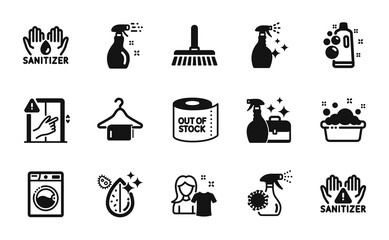 Vector set of Hand washing, Washing machine and Cleaning mop icons simple set. Cleaning spray, Toilet paper and Coronavirus spray icons. Hand sanitizer, Clean bubbles and Clean hands signs. Vector