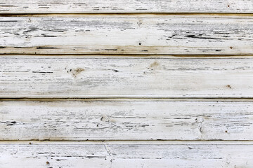 Texture of nailed wooden panels covered with old peeled white paint as a background