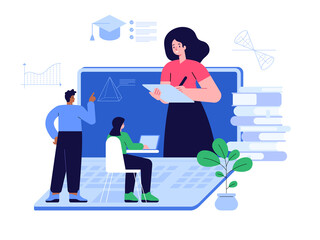 Online education scene concept. Teacher teaches subject