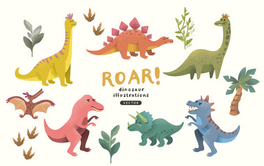 A collection of cute and colourful happy dinosaur character decorations. Vector illustration.