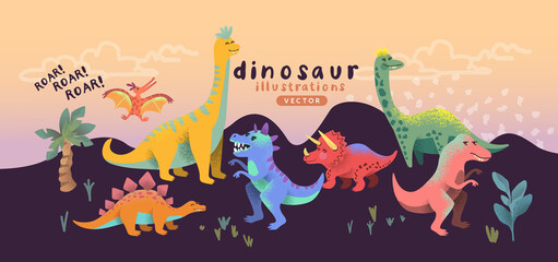 Illustrated colourful and happy dinosaur cute characters. Vector illustration.