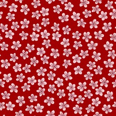 Seamless pattern with blossoming Japanese cherry sakura for fabric, packaging, wallpaper, textile decor, design, invitations, print, gift wrap, manufacturing. Pink flowers on red background.
