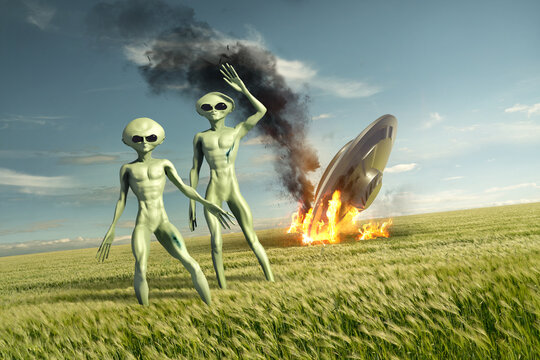 Vintage Flying saucer UFO crash site with green aliens. Classified extra-terrestrial life on Earth. 3D illustration