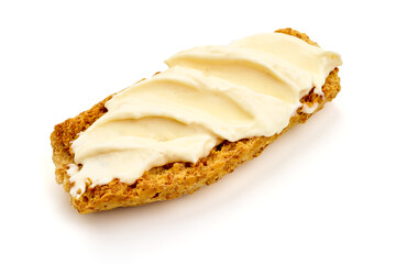Crostini with cream cheese, isolated on white background. High resolution image.