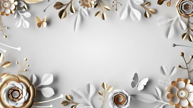 decorative frame of paper flowers growing and appearing, white gold botanical background with blank space for text. Wedding animated greeting card template