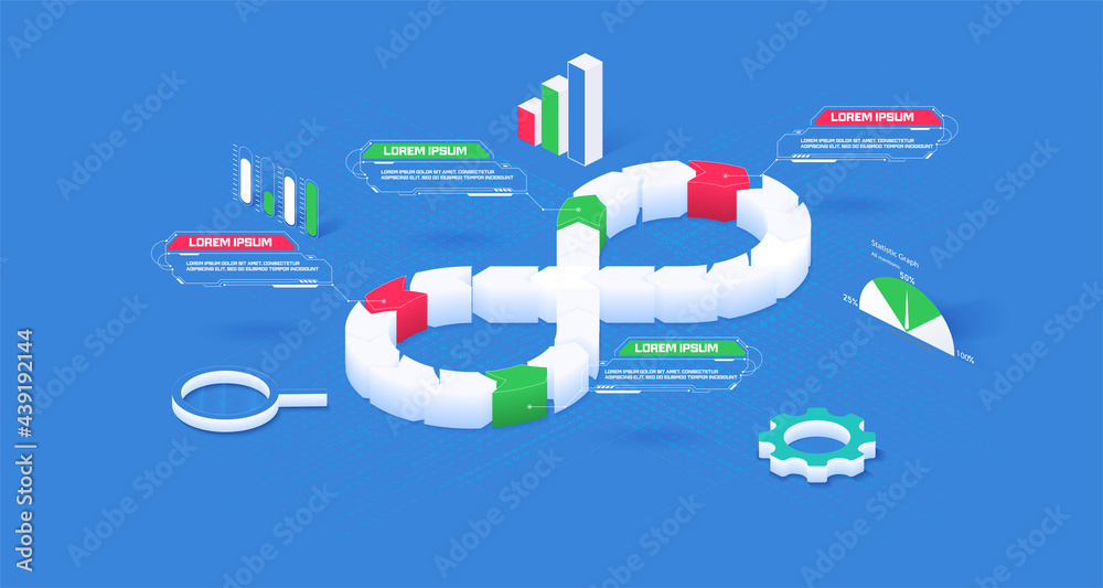 Poster devops software development operations infinity symbol. web development concept in isometric design.