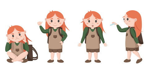 Schoolgirl in different poses. Pupil in cartoon style
