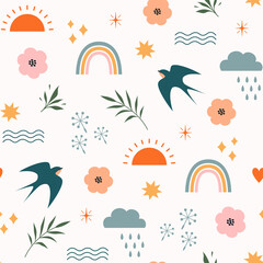 Bohemian minimalism summer seamless pattern with rainbows, swallows, sun, stars, clouds and floral elements  - 439192322