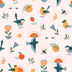 Seamless abstract pattern of nature elements with birds, flowers, fruit, plants, bees and geometric shapes. - 439192329