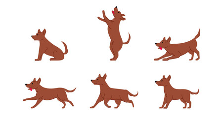 ordinary mongrel dog various poses flat line graphic isolated