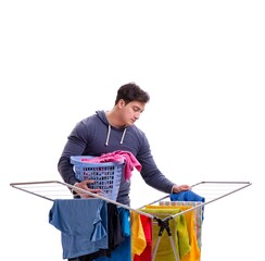 Husband man doing laundry isolated on white