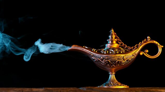 Super Slow Motion of Antique Oriental Aladdin Arabian lamp with Soft Light Smoke. Lamp of Wishes. Filmed on High Speed Cinematic Camera.