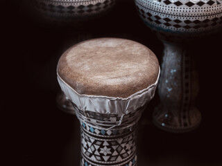 Old drum made of leather, wood and cloth. African exotic and ethnic style rhythmic instrument. Drum...