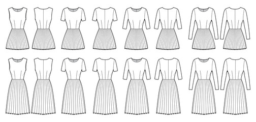 Set of Dresses pleated technical fashion illustration with long elbow short sleeves sleeveless, fitted body, knee mini length skirt. Flat apparel front, back, white color style. Women, men CAD mockup