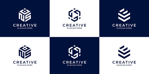 Set of various hexagon logo template. Abstract monogram logo for business, company, industrial, etc.