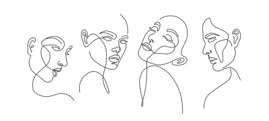 Set of stylized woman faces. Modern single line art. Woman beauty fashion concept, minimalistic style. - 439194178