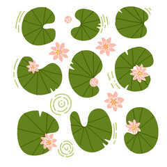 Japanese or Chinese flowers and lilypads set. Collection of rose water lotus and leaves top view. Up view composition. Vector flat hand drawn illustration. © LanaSham