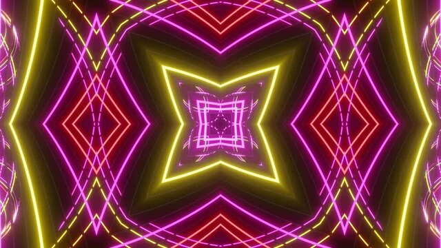 Abstract symmetrical composition, 3d elements light up like bulbs with multicolor neon light. Looped bg for show or events, exhibitions, festivals or concerts, music videos, DJ or VJ for night clubs.