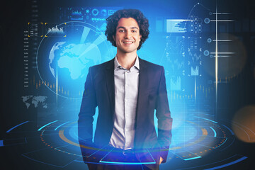 Businessman smiling portrait, graph changes and bar chart hologram