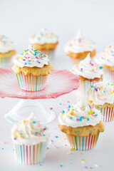 A pedestal stand with one confetti cupcake and several cupcakes surrounding and below.