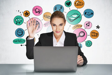 Young businesswoman saying hello using laptop, digital colourful icons