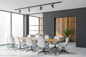 Modern gray and wooden meeting room corner