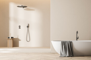 Bathroom interior with minimalist shower and bathtub with mockup
