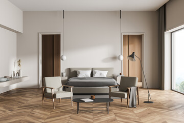 Light bedroom interior with bed and armchairs near window, mockup