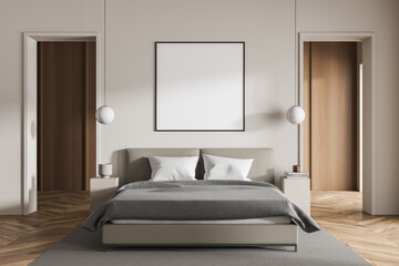 Beige minimalist bedroom interior with bed and linens, mockup poster