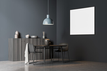 Dark living room interior with armchairs and table, mockup poster