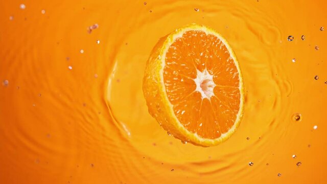 Super slow motion of falling fresh orange into water. Filmed on high speed cinematic camera at 1000 fps.