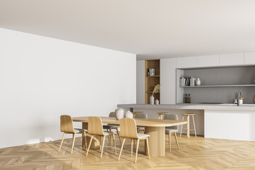 White kitchen interior with table and six chairs, mockup