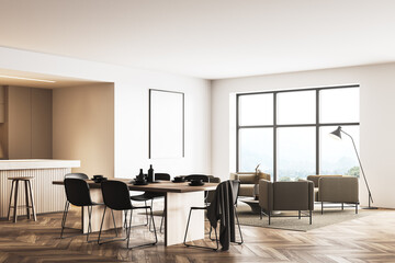 Fototapeta premium Beige and wooden kitchen corner: table, bar, cabinets and window
