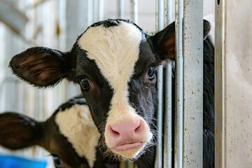 A closeup of a cow looking directly at the camera, with her head sticking out between metal bars....