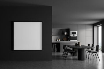 Dark kitchen interior with furniture on concrete floor, mockup frame