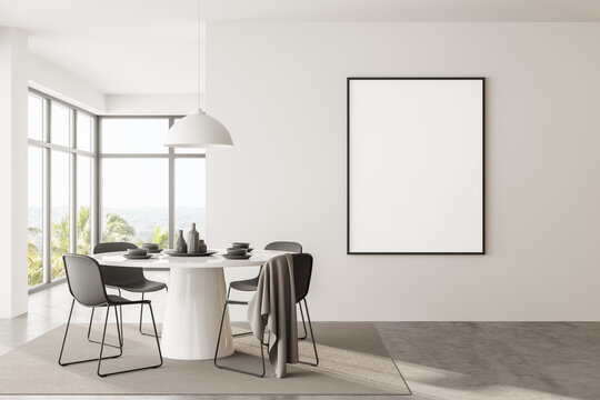 Panoramic white dining room interior with poster