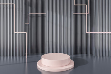 Empty gray and pastel pink room with round product platforms