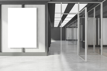 Light grey office hall interior with mockup poster before entrance
