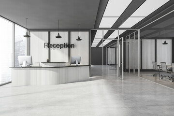 Grey reception interior with desk and computers near window, hall with rooms