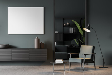 Dark living room interior with drawer and decoration, mock up poster