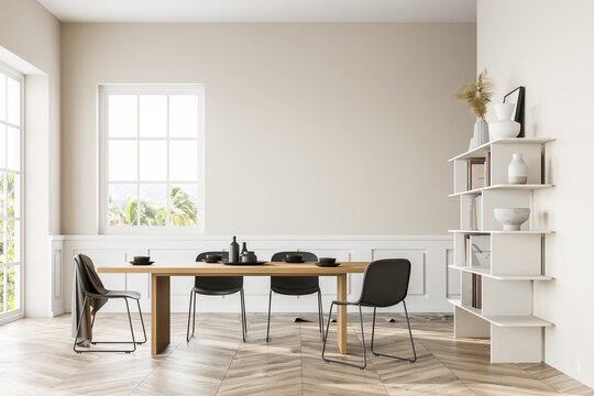 White dining room interior with long table