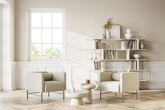 Classic white living room interior with armchair, table and horizontal poster