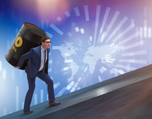 Businessman under the burden of oil barrel