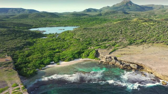 Aerial view above scenery of Curacao, Caribbean with ocean, hills and mountains