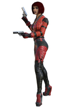 Futuristic Warrior girl with gun in a Red uniform