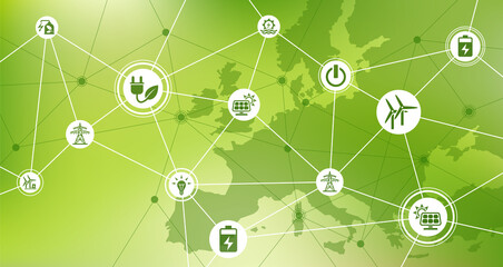 Renewable energy network vector illustration. Green concept with map of Europe on alternative clean electricity sources / European smart grid, sustainable power generation & sharing technology.
